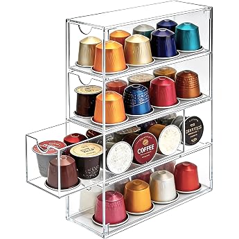 Capsule Storage Drawer Transparent Coffee Capsule Holder 24.7 x 17.6 x 6.6 cm Acrylic Coffee Capsule Basket with 4 Partitions for Nespresso Tassimo Dolce Gusto Vertuo Capsules
