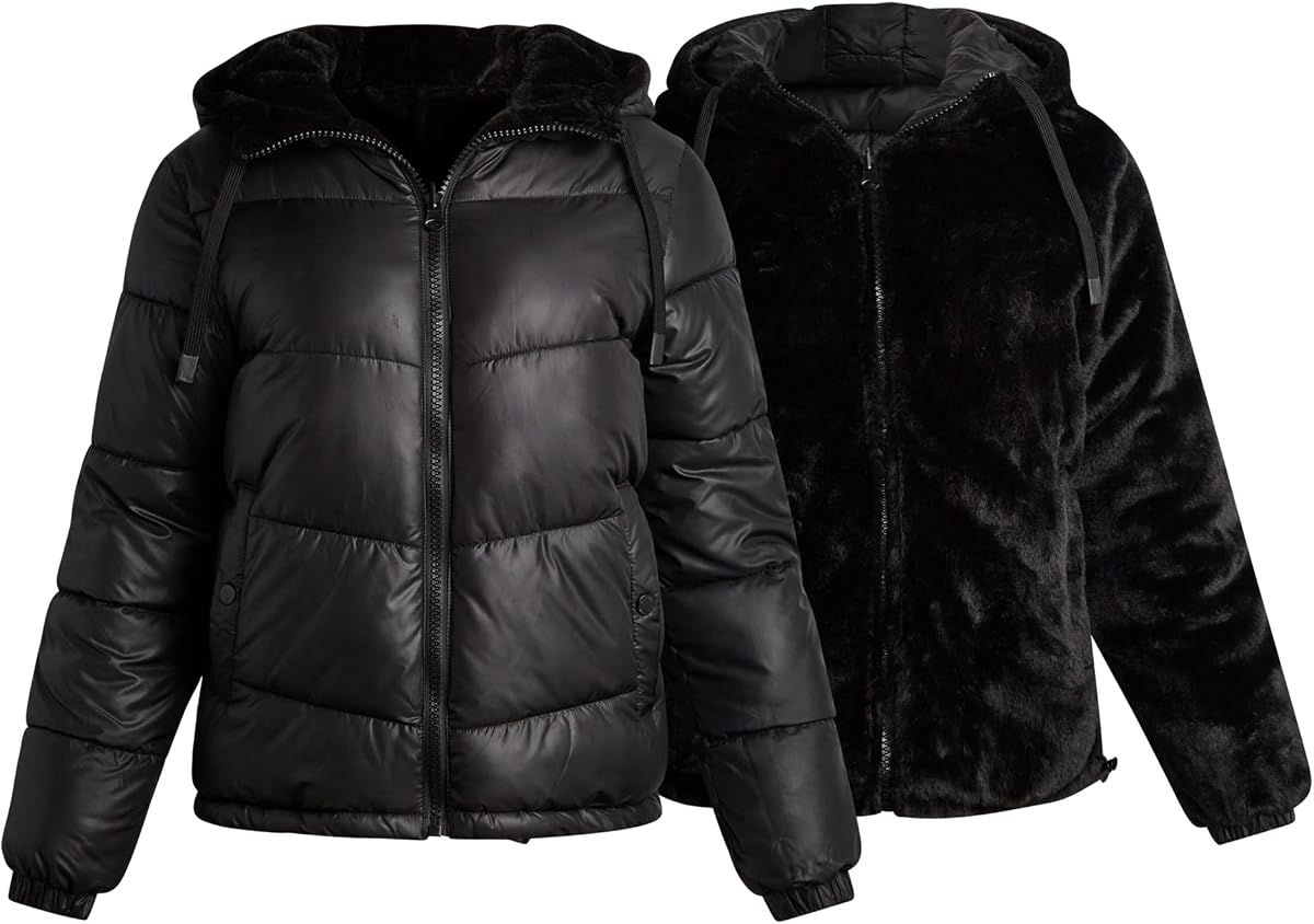 Steve Madden Womens Reversible Quilted Parka Puffer Faux Fur Lined Coat | Two Looks in One Reversible Design, Heavyweight Insulated Warmth, Plush Trim for Cold Weather Everyday Wear