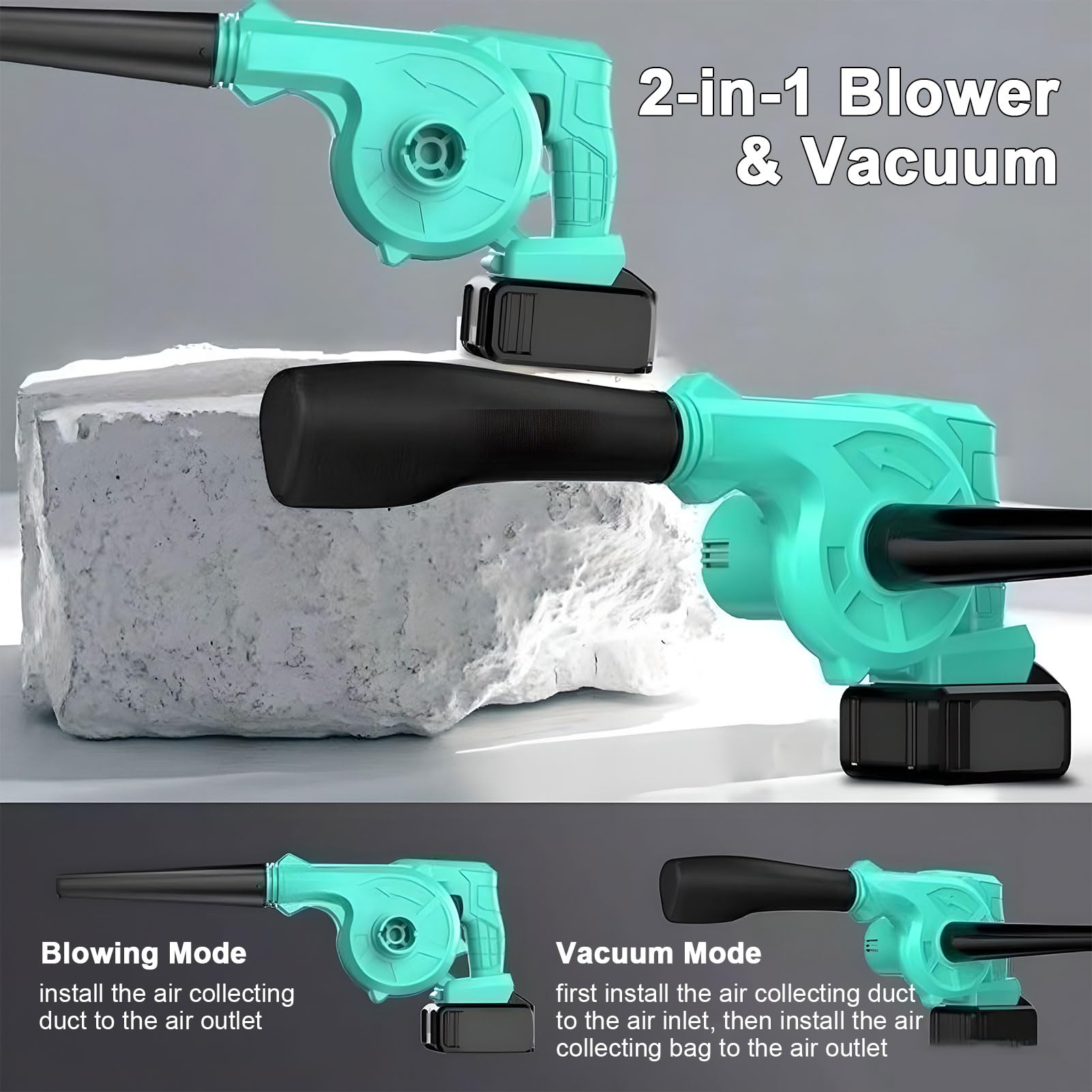 Soplador y aspiradora de Hojas 2 en 1, soplador de Hojas inalámbrico con 2 baterías de 18000 Ah y 1 Cargador, recolector de Hojas de jardín con Tubo y Bolsa para el Polvo, para Cuidado césped