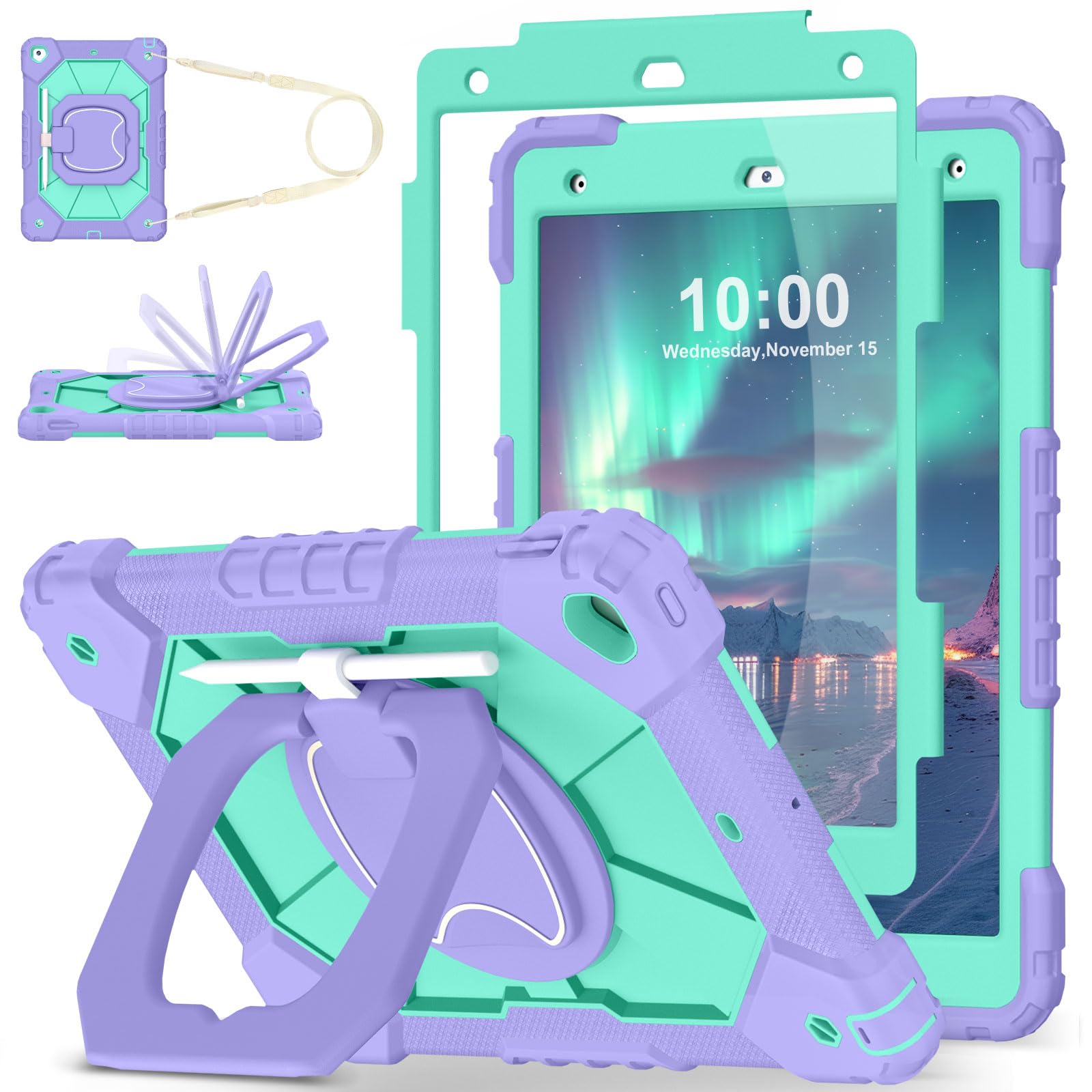 WESOROL Case for iPad 9th/8th/7th Generation 10.2 Inch iPad 9th Generation Case with Screen Protector Rotating Stand Pencil Holder Heavy Duty Shockproof Cover for 9th Gen iPad Case,Purple Green