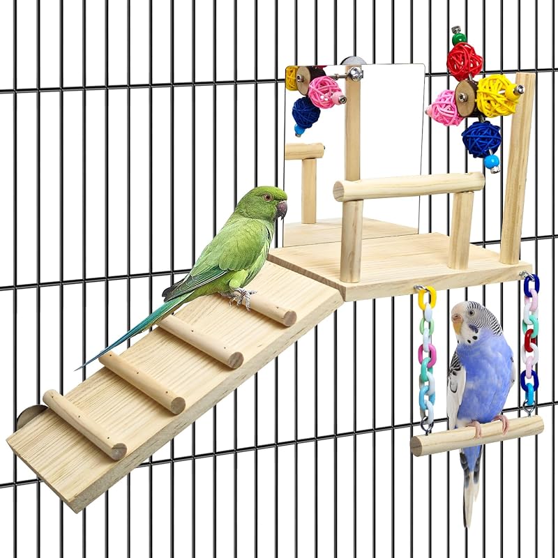 Escada e Plataforma de Madeira para Aves BNOSDM com Espelho, Balanço e Brinquedos – XH127-5J