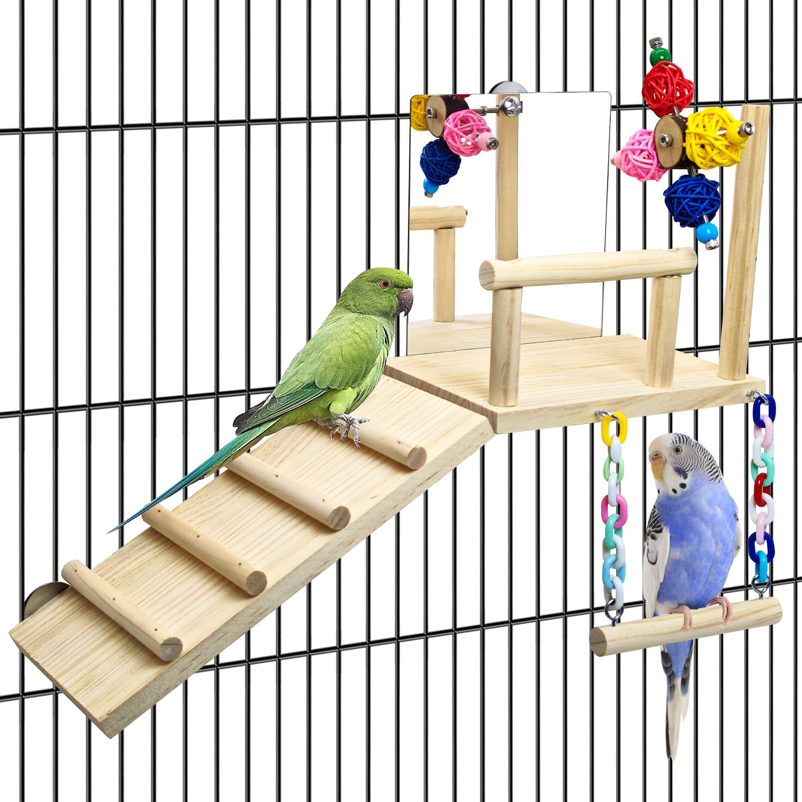 BNOSDM Bird Perch Platform with Mirror, Wooden Climbing Ladder for Parakeet, Small Bird Swing Toys with Rotating Balls Parrot Cage Accessories Budgie Playground for Cockatiel, Lovebirds, Conures