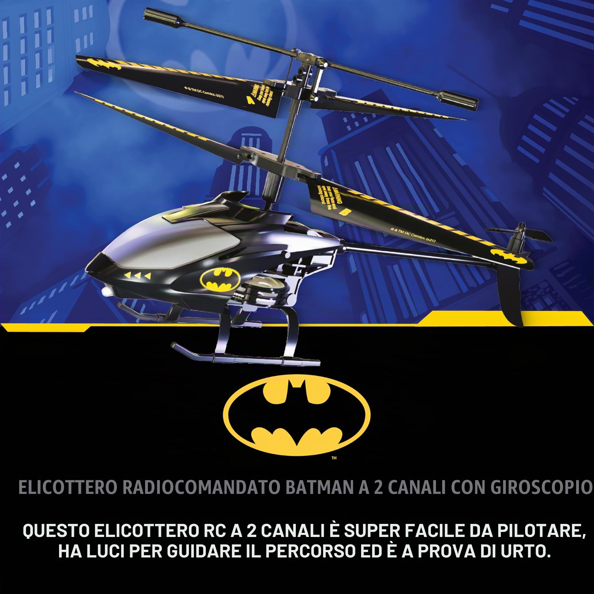BLADEZ Elicottero Batman R/C 2 canali Gyro Batman, DC Comics, RC 2 canali con controllo giroscopico, facile da volare con luci, anti-collisione, giocattolo con licenza per bambini, Toyz