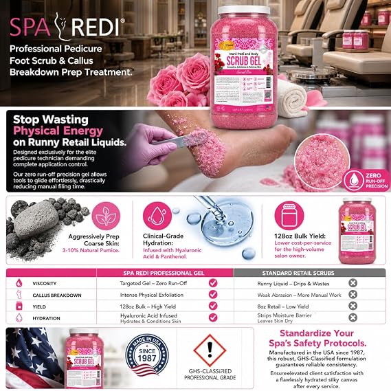 SPA REDI Professional Foot Scrub Gel Dual-Action Pedicure Treatment | Dual-Action Skin Transformation for Softer, Nourished Feet & Elevated Client Satisfaction (128oz Gallon)