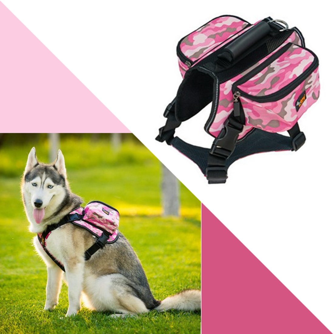 Ondoing Sac à dos pour chien Harnais de taille moyenne Grand chien pour l'extérieur Sac de selle réglable Sac réfléchissant pour la randonnée, le camping et les voyages Taille XL, camouflage rose
