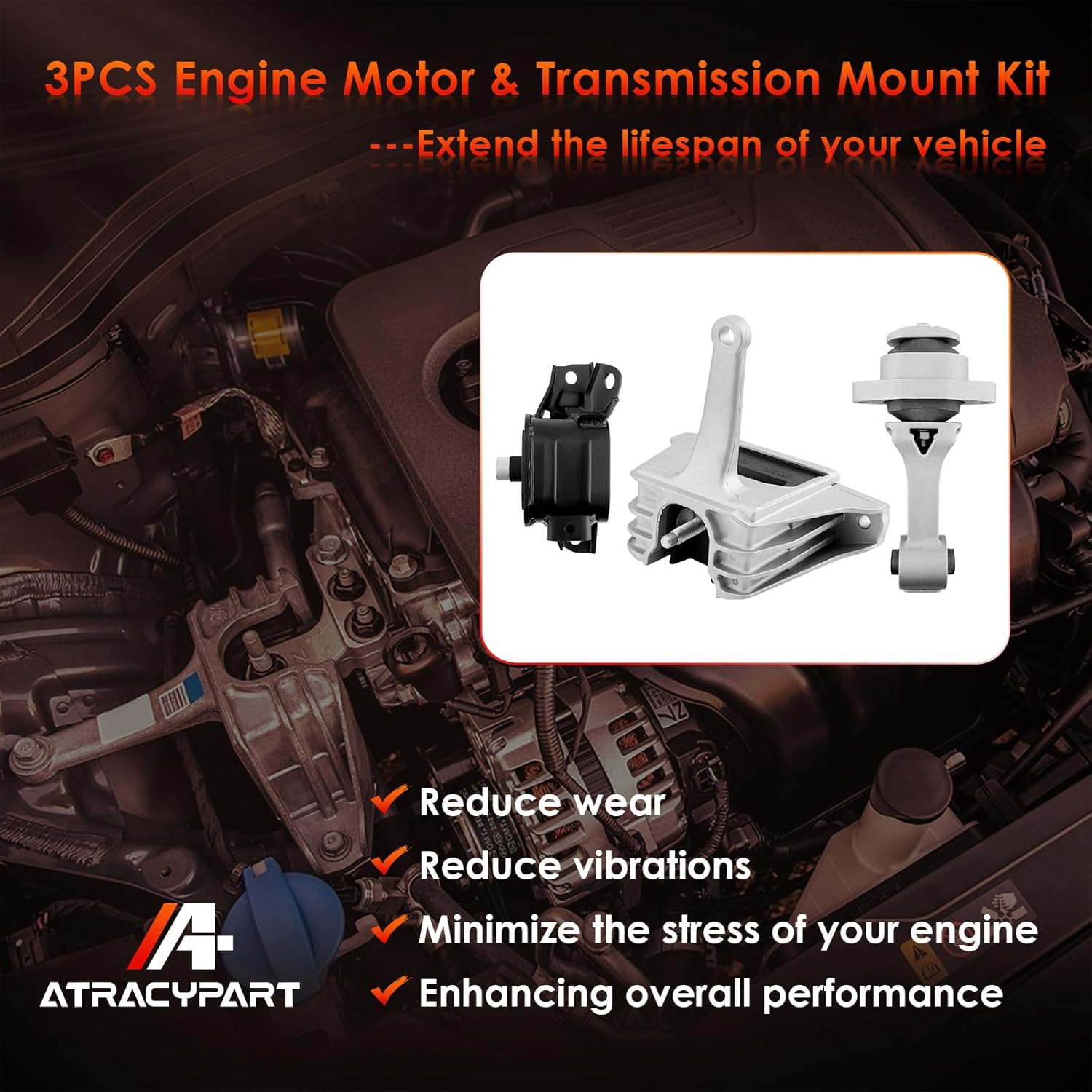 Engine Motor & Transmission Mount Kit 3PCS, Compatible With Hyundai 17-20 Elantra 1.4T1.6T 2.0L, 18-20 Elantra GT 1.6T 2.0L, 17-22 IONIQ 1.6L; Kia 21-22 Seltos 1.6L, Replace OE# A71210, A71100, A71207