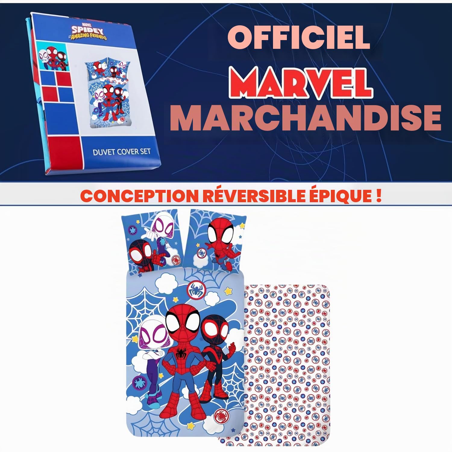 BrandMac Spidey & Friends Ensemble de Linge de lit pour Enfants | Housse de Couette 140 x 200 cm + Taie d’Oreiller 50 x 70 cm, 100% Coton | Linge de lit pour Enfants Doux et Respirant