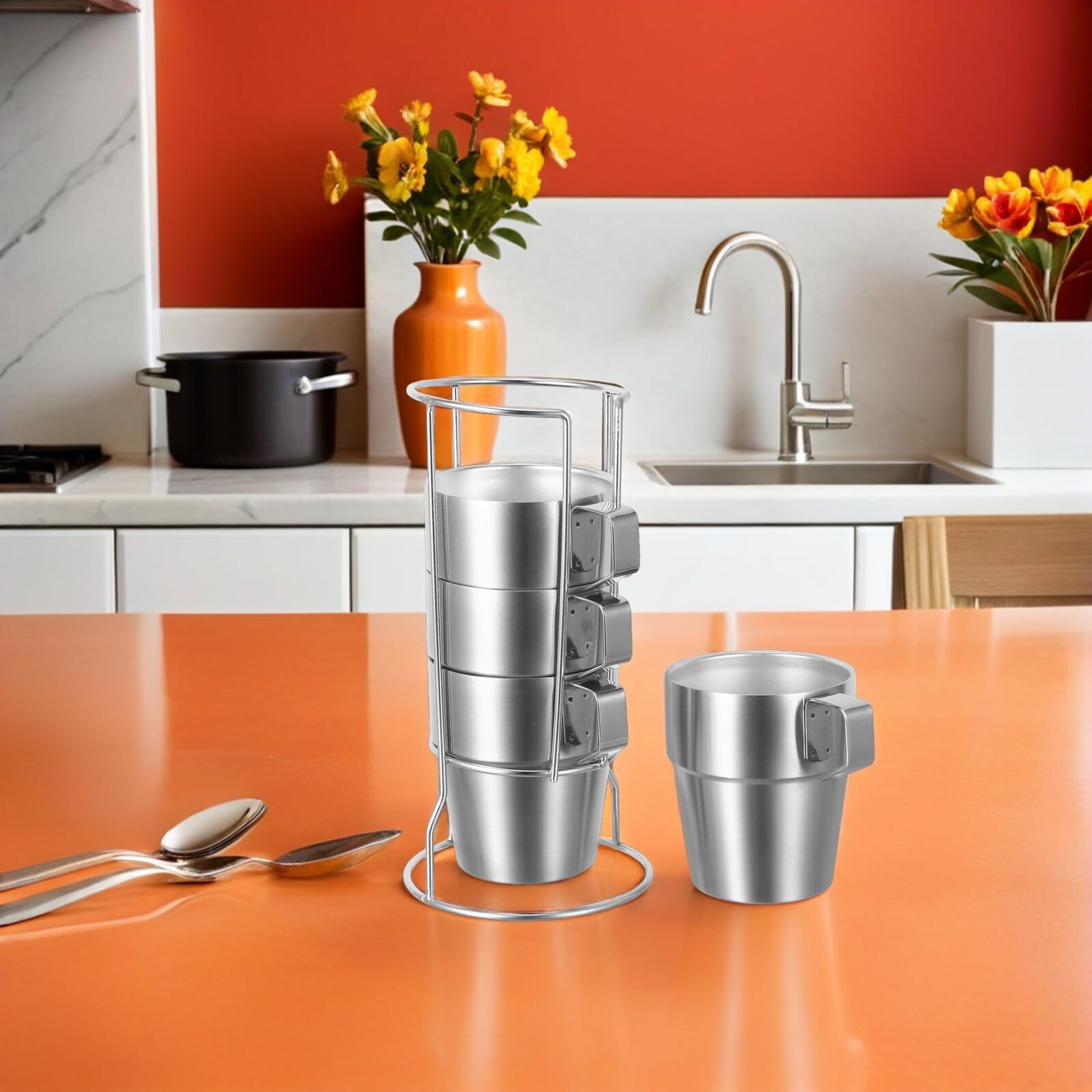 Healeved Tazas de Acero Inoxidable para Set de 4 Unidades de 300 Ml con Doble Pared Aislante y Asas Cómodas Incluye Soporte Apilable para Bebidas Frías y Calientes Adecuado para