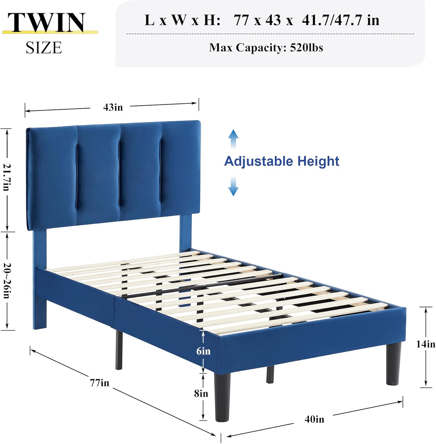 Diagram showing dimensions of the VECELO Twin Size Bed Frame