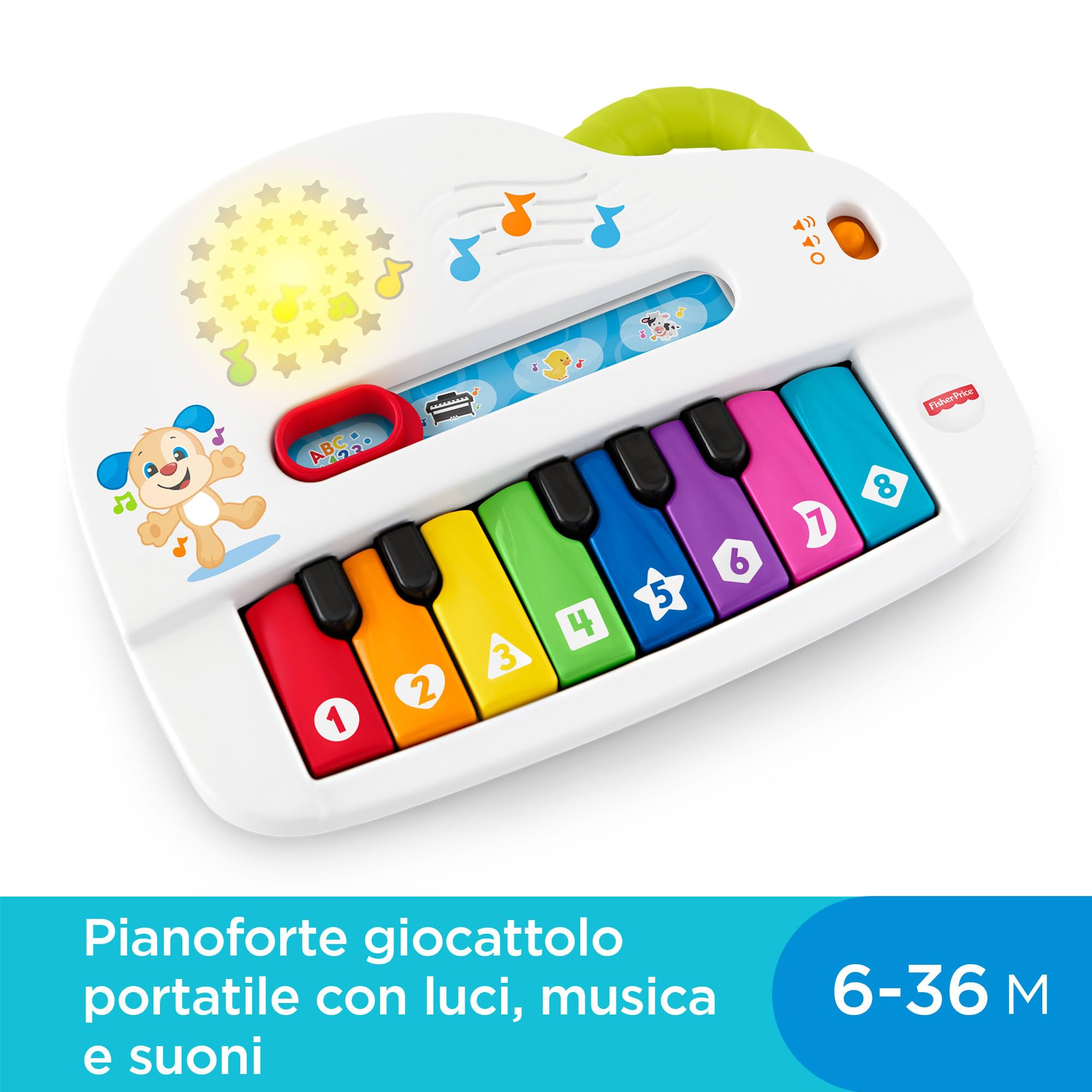 Fisher-Price - Pianoforte di Cagnolino Ridi & Impara, Pianoforte Giocattolo Portatile con Luci, Musica, Versi degli Animali,Educativi, 6+ Mesi, Edizione Inglese+Italiano+Portoghese+Spagnolo, HHX13