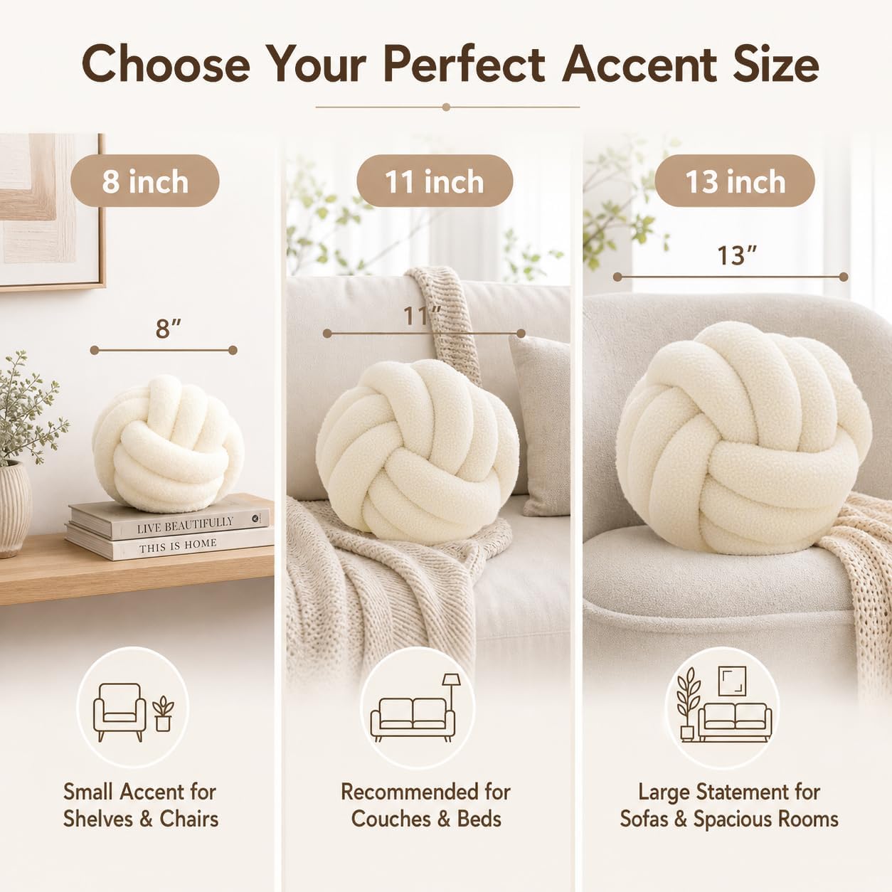 Petrella Ivory White Knot Pillow Ball, Handmade Soft Round Throw Pillow for Chair, Couch and Cozy Room Decor, Small Decorative Pillows, Lambswool Knotted Accent Cushion, 8 Inch