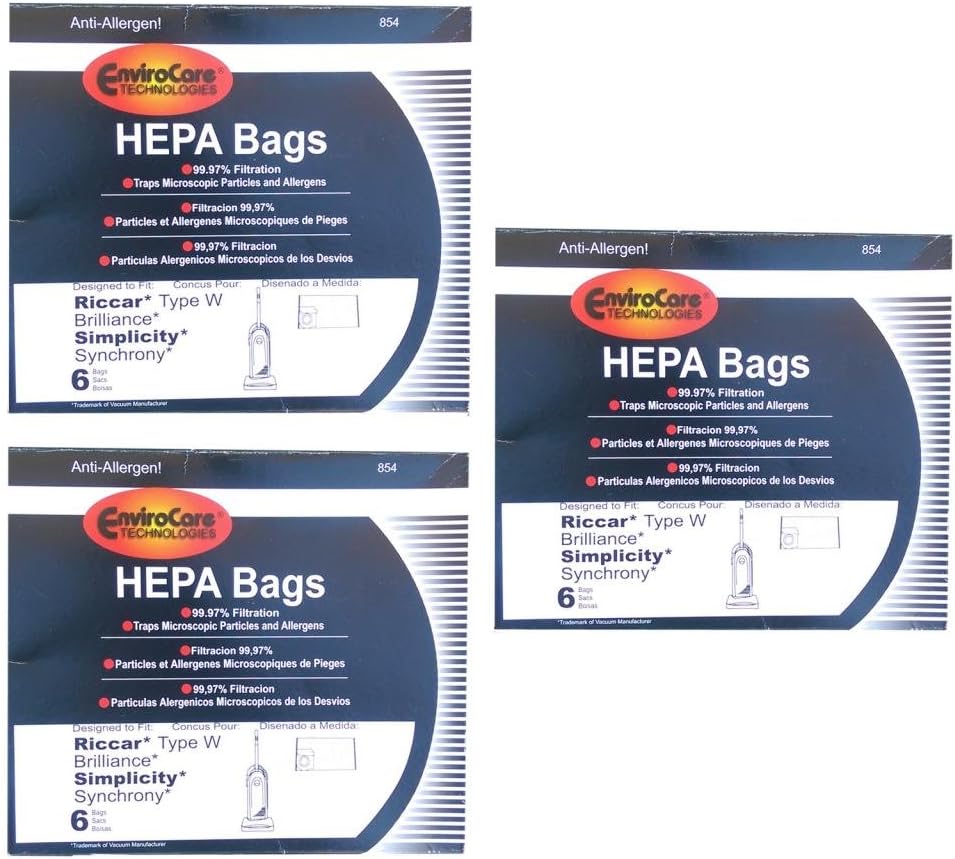EnviroCare 18 (3 Pkgs) Type W HEPA Allergy Bags fit Riccar Brillance BRLP BRLD BRLS Simplicity Synchrony SCRP, SCRD, SCRS, SCRD.Fetch Upright Vacuum Cleaners