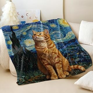 Curious Ginger Cat Under Van Gogh's Starry Night Printed Flannel Blanket, Unique Dreamy Style Throw Blanket for Sofa and Bed, Perfect for Animal Lovers Home Decor (01,80 x 80in)