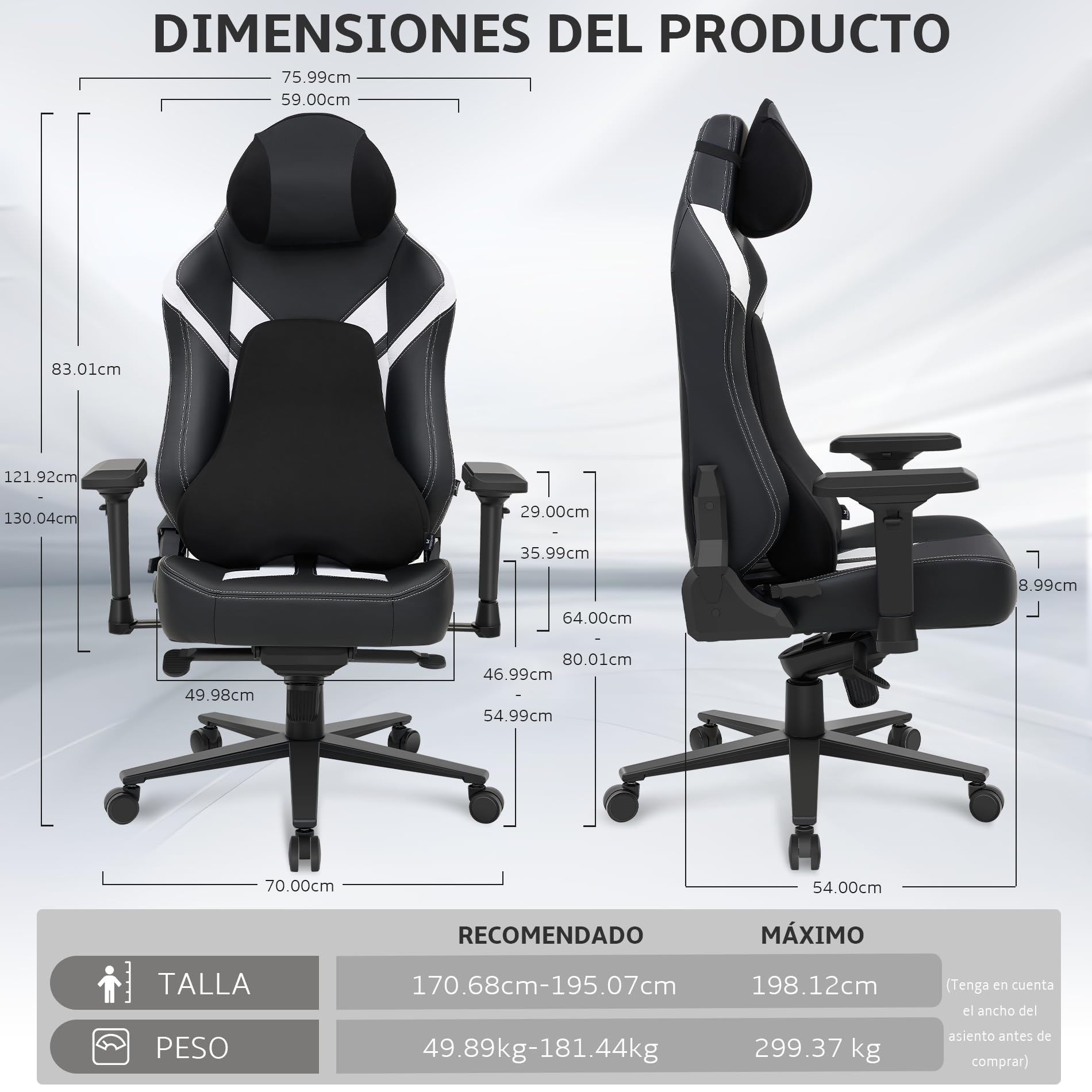 Silla Gaming ergonómica, Silla Escritorio Gaming Carga 200kg | Sillon Gamer con Reposacabezas, Cojín Lumbar, Reposabrazos 4D, Mecanismo basculante, Base Reforzada，PU Negro y Ante Blanco