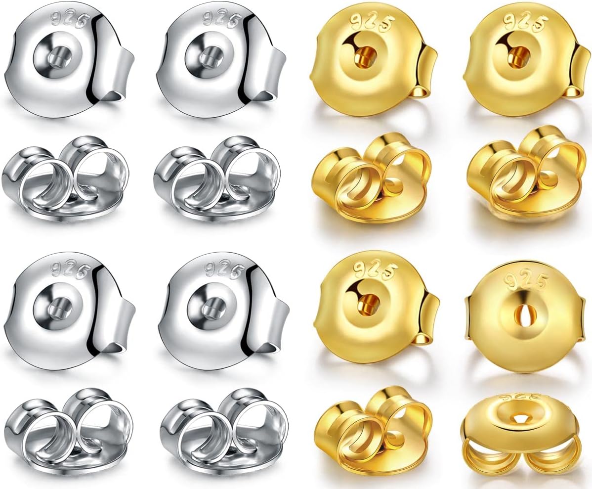 Catinee 16PCS 925 Sterling Silver & 14k White Gold Plated Earring Backs, 6MM Hypoallergenic Secure Stud Earring Backs (8White + 8Gold)