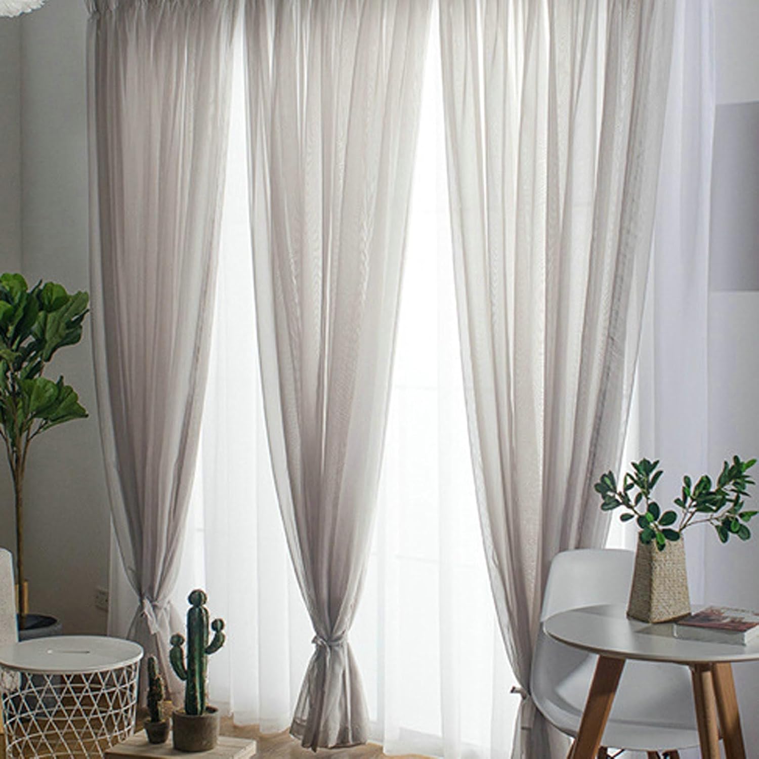 Daesar Transparent Curtains for Living Room 2 Panels Set, Polyester Grommet Sheer Curtains 52" W x 72" H Drapes Solid Color Light Grey Tulle Curtains for Bedroom