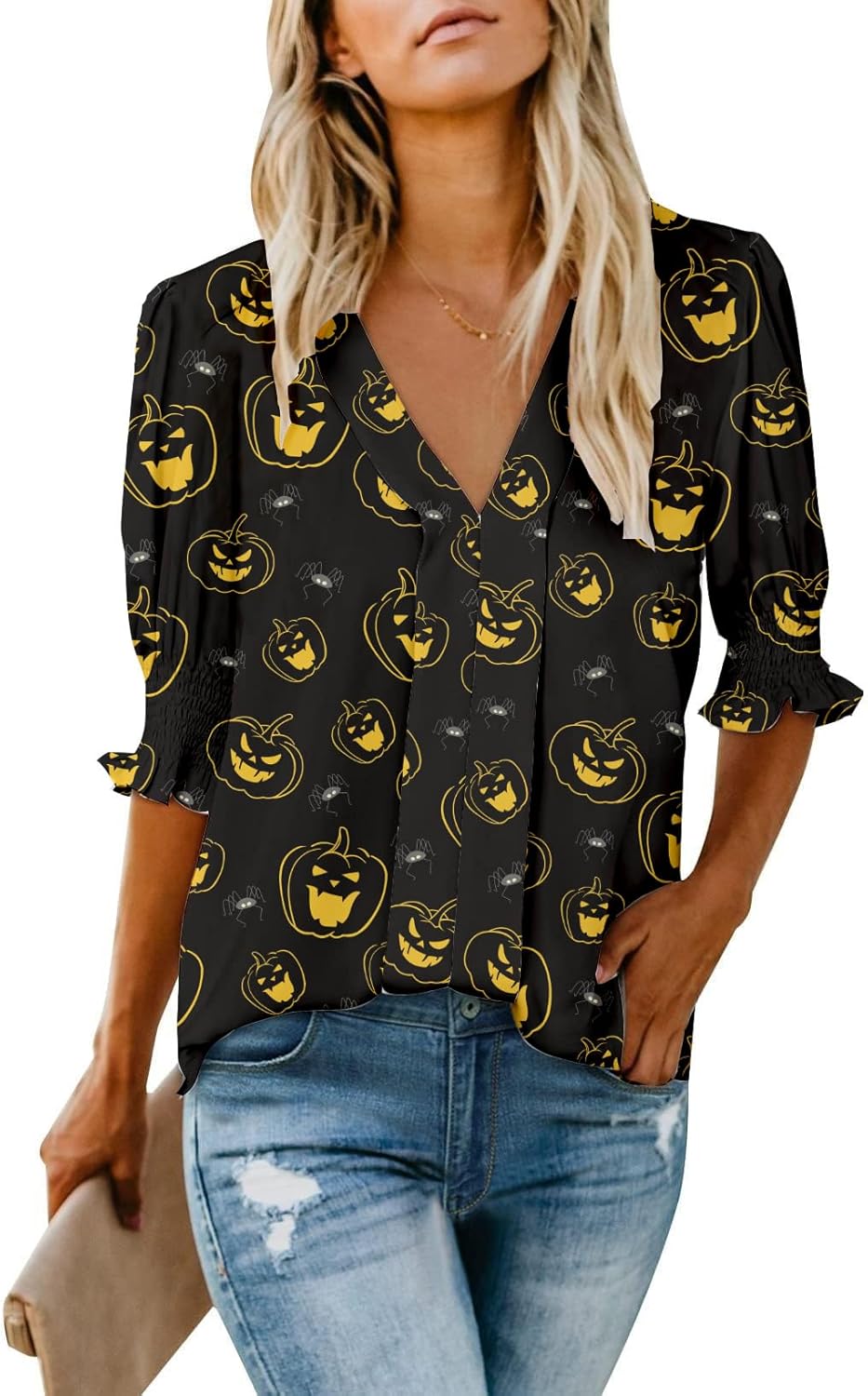 Roshop Valentines Blouses Women's Dressy Tops Smocked Sleeve Deep V Neck Cute Heart Blouse