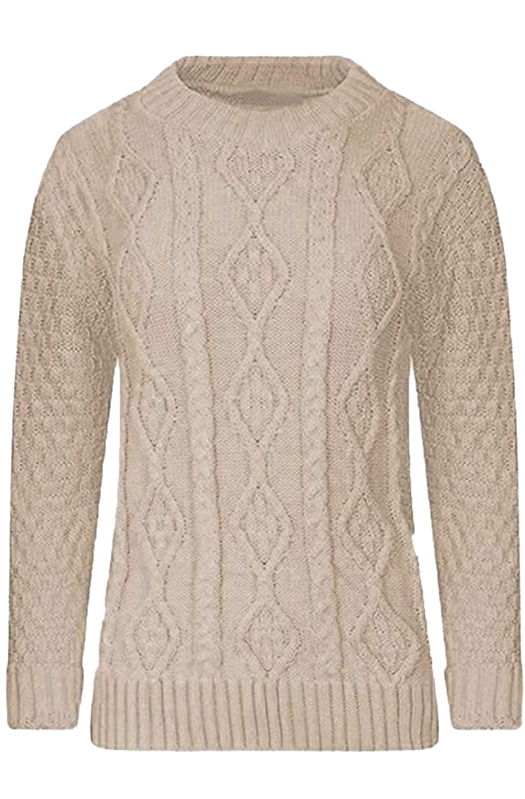STAR FASHION Cable Knitted Crew Neck Jumper Long Sleeve Womens Aran Knit Jumpers Sweater Pullover Top Stone ML