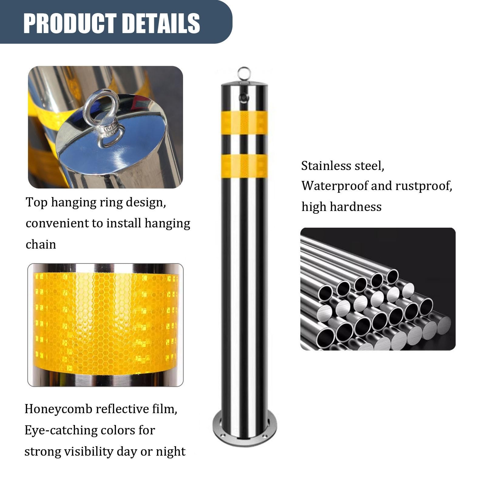 Poste De Bolardo De Seguridad De Control De Tráfico Extraíble Bolardo De Estacionamiento De Acero Inoxidable Bloqueable Con Tiras Reflectantes(60cm/23.7in)
