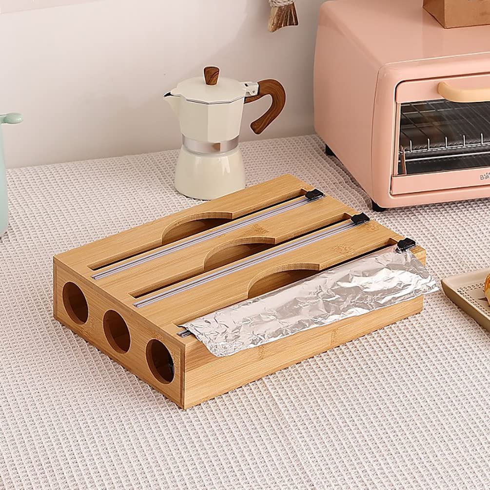 Dispensador de Envoltura de Bambú con Cortador Deslizante Soporte Organizador para Papel de Aluminio, Film Transparente (33 * 23.5 * 7.6cm, Tres Capas | Agujero Circular)