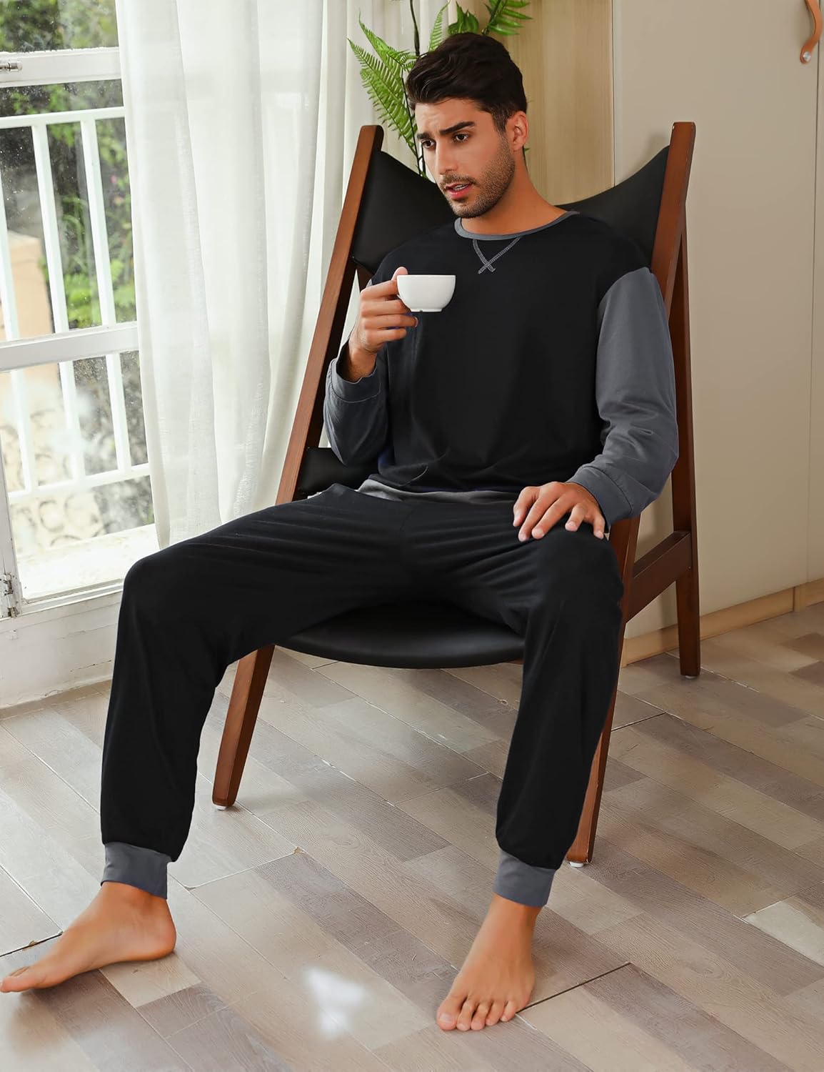 Sykooria Men's Cotton Pajamas Set Long Sleeve Plaid Loungewear Cozy Striped Sleepwear 2 Piece Comfy Pjs Set with Pockets - Image 4