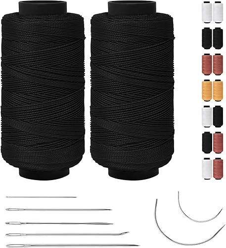 JeogYong Kit de hilo de coser, paquete de 2 hilos de poliéster con agujas de cuero para coser a mano, hilo resistente, hilo de tejido de tapicería