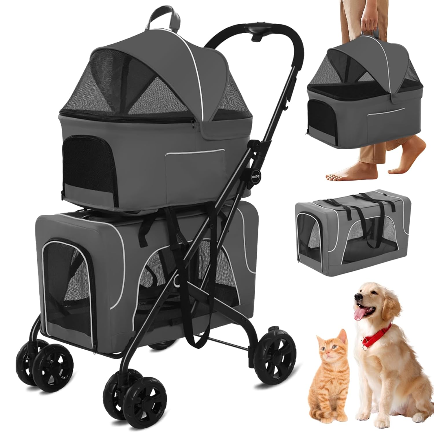 Multi-Purpose Stroller for Small Dogs & Cats, Detachable Carriers, Durable Steel Frame with Wheels, 600D Oxford Cloth – Grey