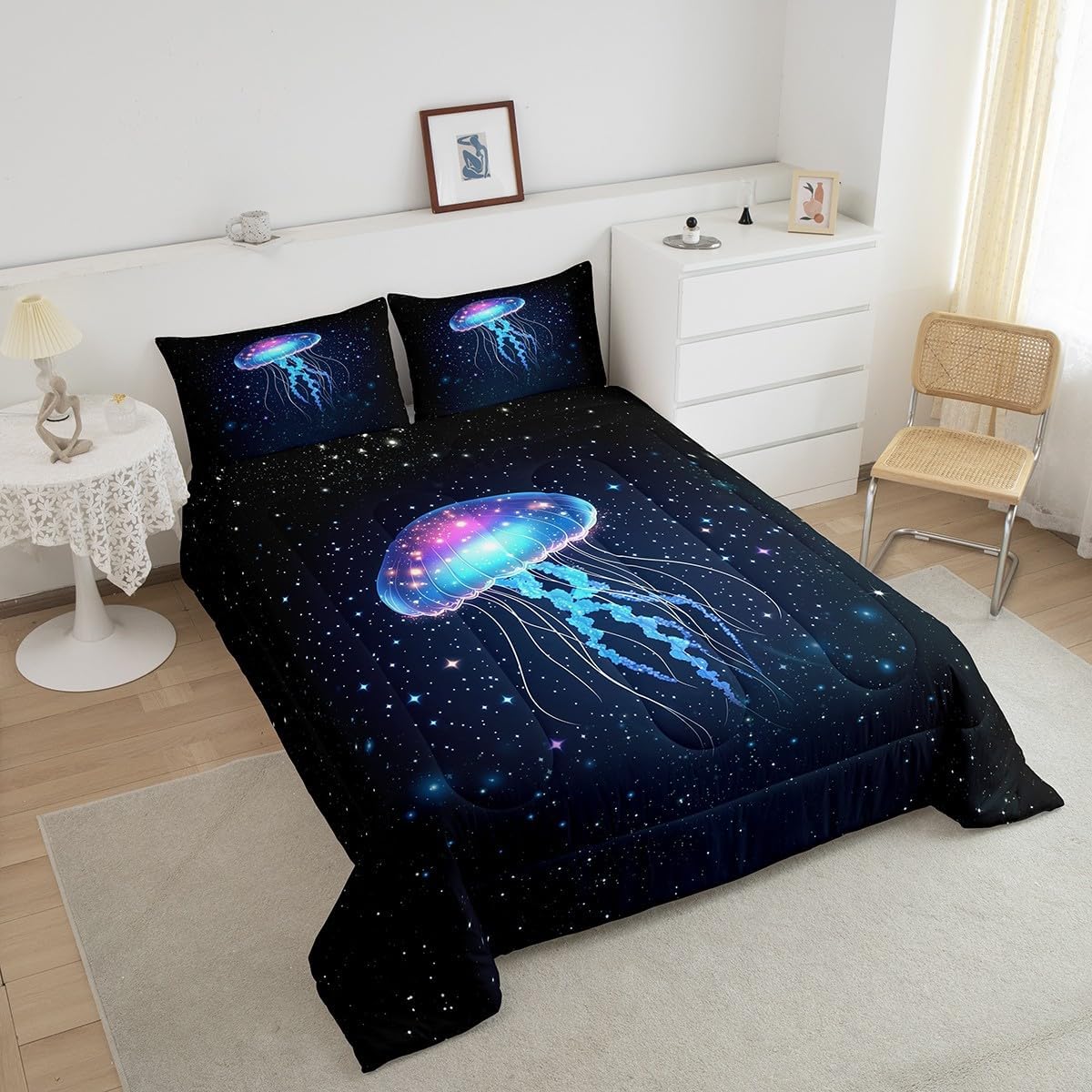 Homewish Glowing Jellyfish Kids Comforter Set Queen Size,Marine Animals Ocean Bedding Set,Boys Girls Adults Room Decor,Starry Sky Galaxy Romantic Down Comforter,Blue Unique Duvet Insert,2 Pillowcases