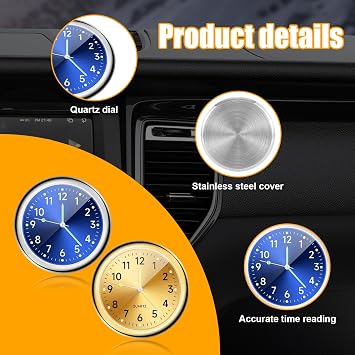 Dickno 2 PCS Stick on Dashboard Car Clock, Mini Tiny Analog Quartz Luminous Air Vent Clocks, Self Adhesive Automotive Vent Clocks Watch, Vehicle Clock for Dashboard Decoration (Blue+Golden)