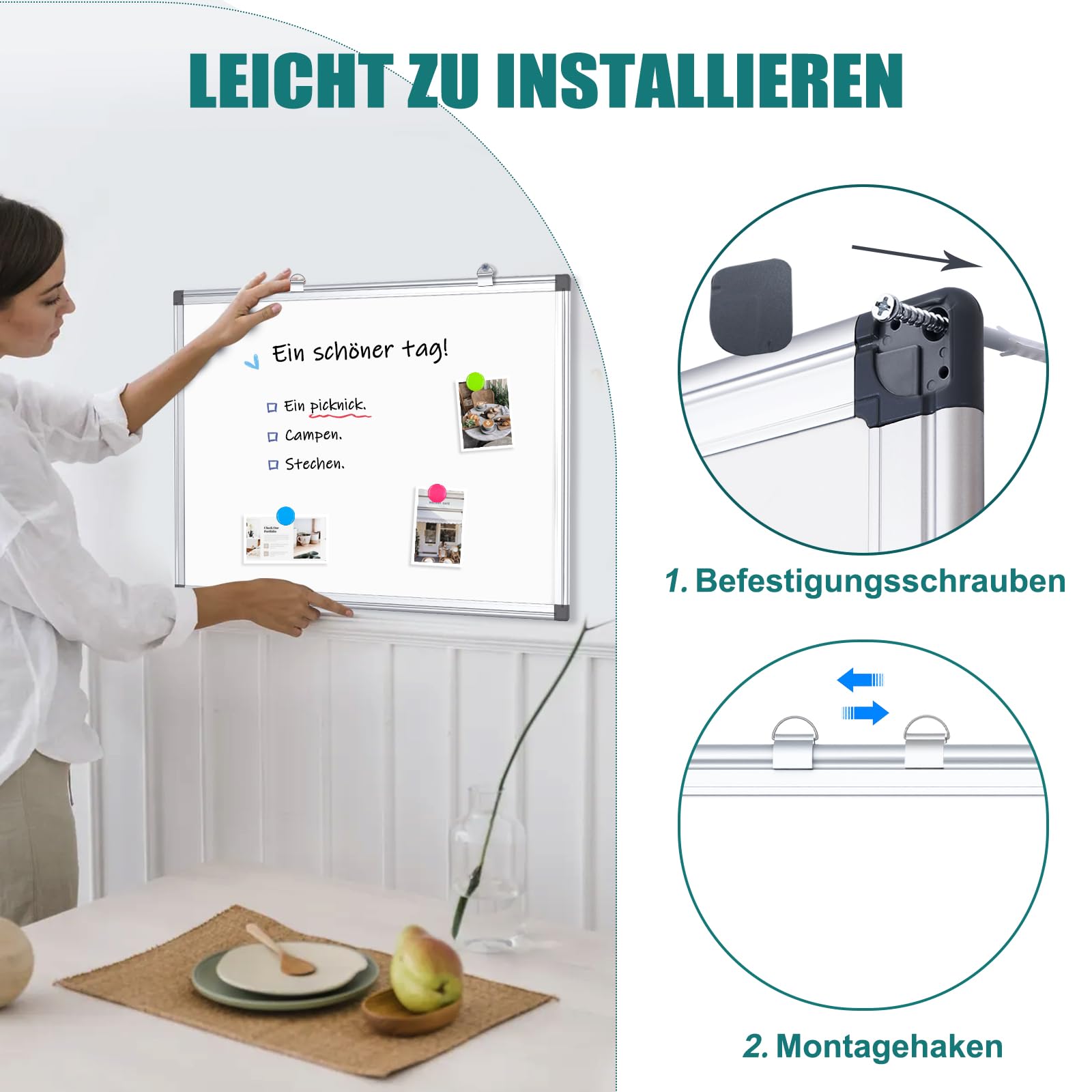 Magnetisch Whiteboard, 40x60cm Magnettafel mit Aluminiumrahmen, Magnetwand White Board mit Stiftablage und Haken