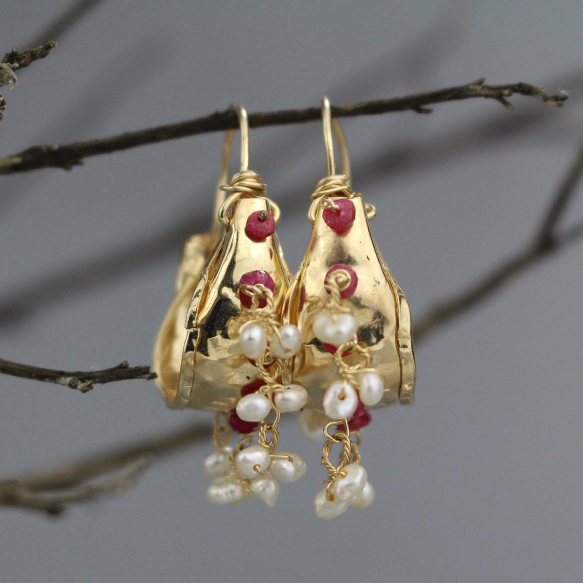 High End Ruby and Pearl Gold Filled Hoop Earrings, Unique Chunky Boho Wedding Hoop Earrings