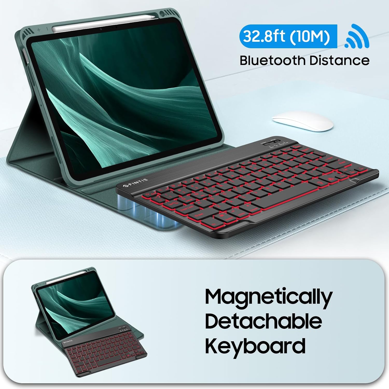 Fintie Backlit Keyboard Case for iPad Air 11-inch M4/M3/M2 (2026/2025/2024), iPad Air 5th/4th Gen 10.9 Inch - Soft TPU Cover with 7 Color Backlight Detachable Bluetooth Keyboard, Midnight Green