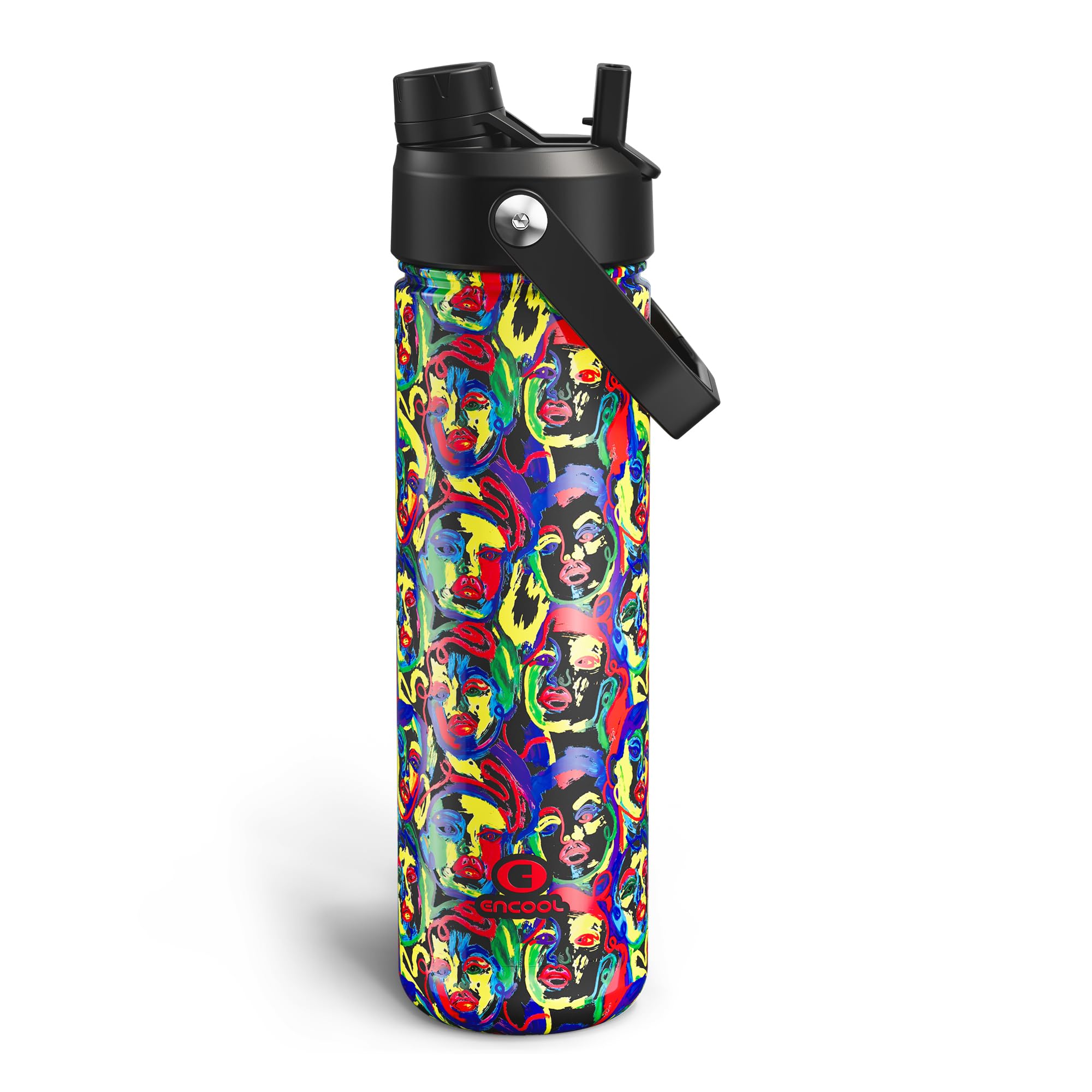 ENCOOL Insulated Water Bottle with Straw Stainless Steel Water Bottle, Leak-Proof, BPA-Free, Double Wall Vacuum Keeps Cold for 24 Hours for Sports, Travel, School (26 oz, Mood Faces)