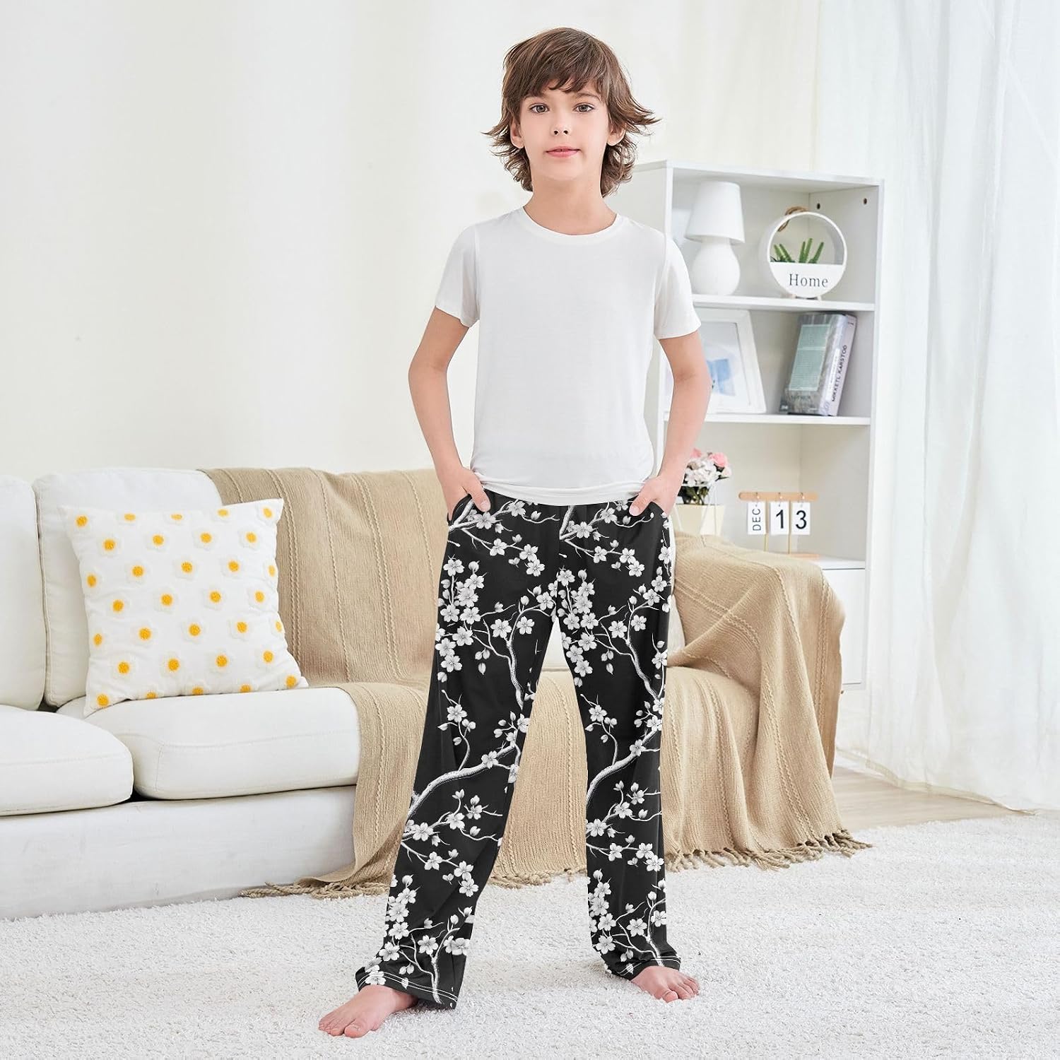 White Cherry Flowers Pajama Lounge Pants Long Pajama Bottoms Sleepwear with Elastic Waist Pockets for Christmas