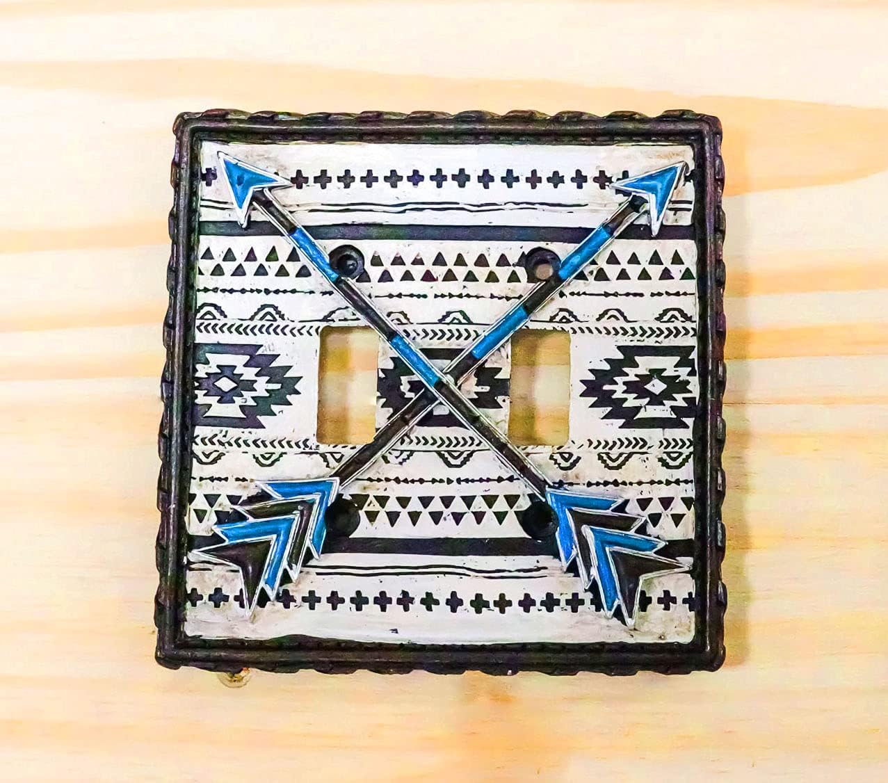 Ebros Set of 2 Southwestern Tribal Native American Indian Navajo Turquoise Crossed Arrows Friendship Design Resin Wall Electrical Switch Or Outlet Cover Plates (Double Toggle Switch)