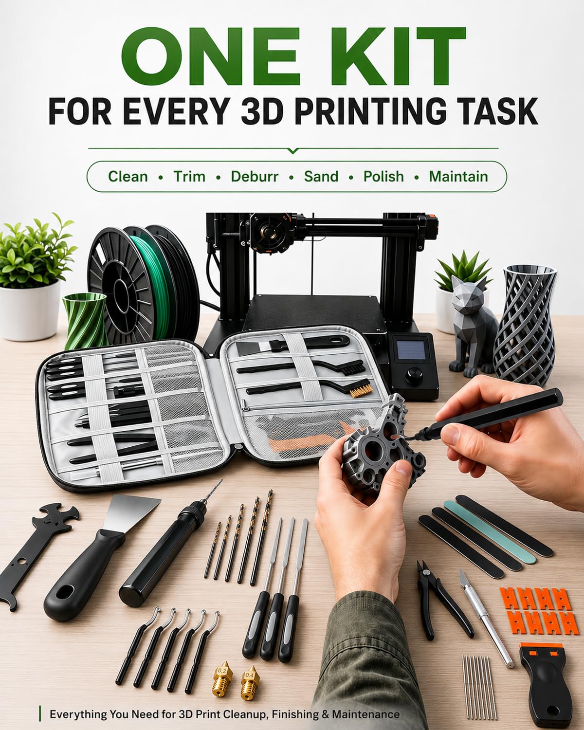 SHOWPIN 3D Printer Tool Kit: 64PCS 3D Printing Tools & Accessories Starter Kit for Cleaning & Finishing Prints, Deburring Tool, Hand Drill, Tube Cutter & Sanding Tools – Gift for Hobbyists | Support removal, edge cleanup & surface smoothing