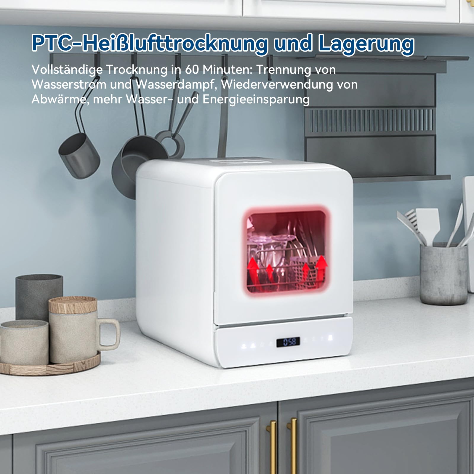YU YUSING Mini Geschirrspüler Tischgeschirrspüler 7 Programme 3 Gedecke 4.8L Wassertank LED-Display Touch-Steuerung