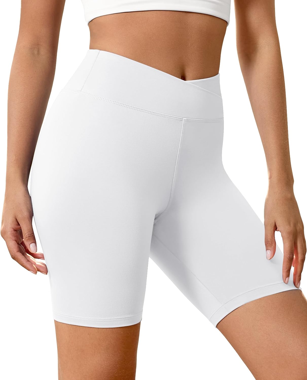 VALANDY Creamlush Crossover Biker Shorts Women - 8" V High Waist Yoga Lounge Shorts,Comfortable & Stretchy