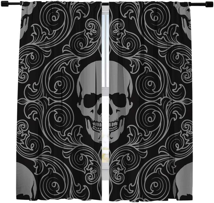 Misscc Blackout Curtains for Living Room Bedroom Kitchen Cafe, Window Treatment Thermal Insulated Drapes, Vintage Seamless Ornament with Skull in Baroque Style Window Curtains, 2 Panels