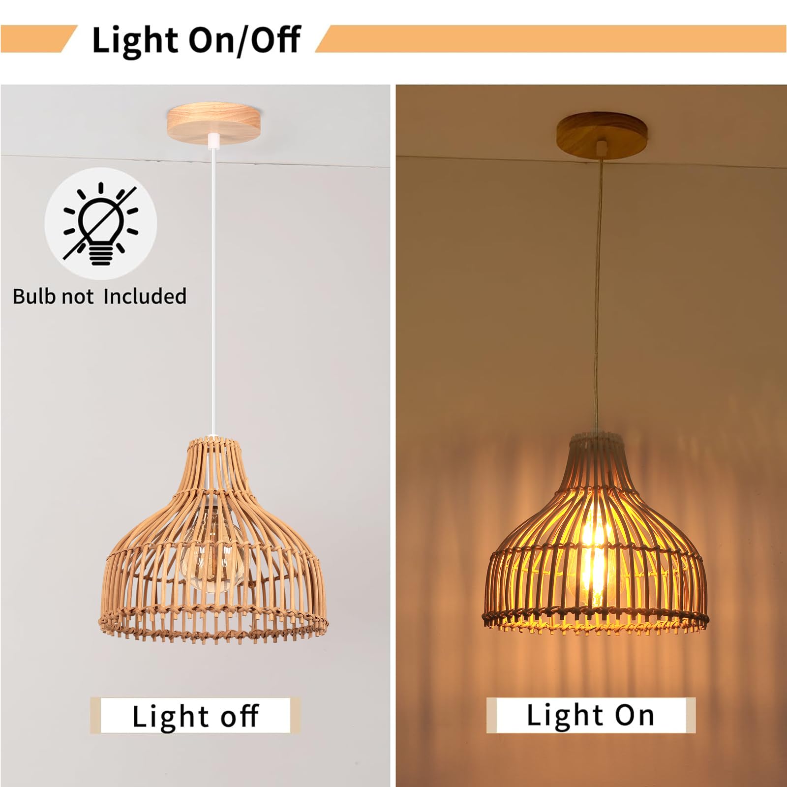 2 Pezzi Lampade a Sospensione Rattan E27 Lampadario Vintage Ø24cm Paralume Bambù Lampadari, Boho Lampada da soffitto Legno per Salotti Cucine Ristoranti Caffè