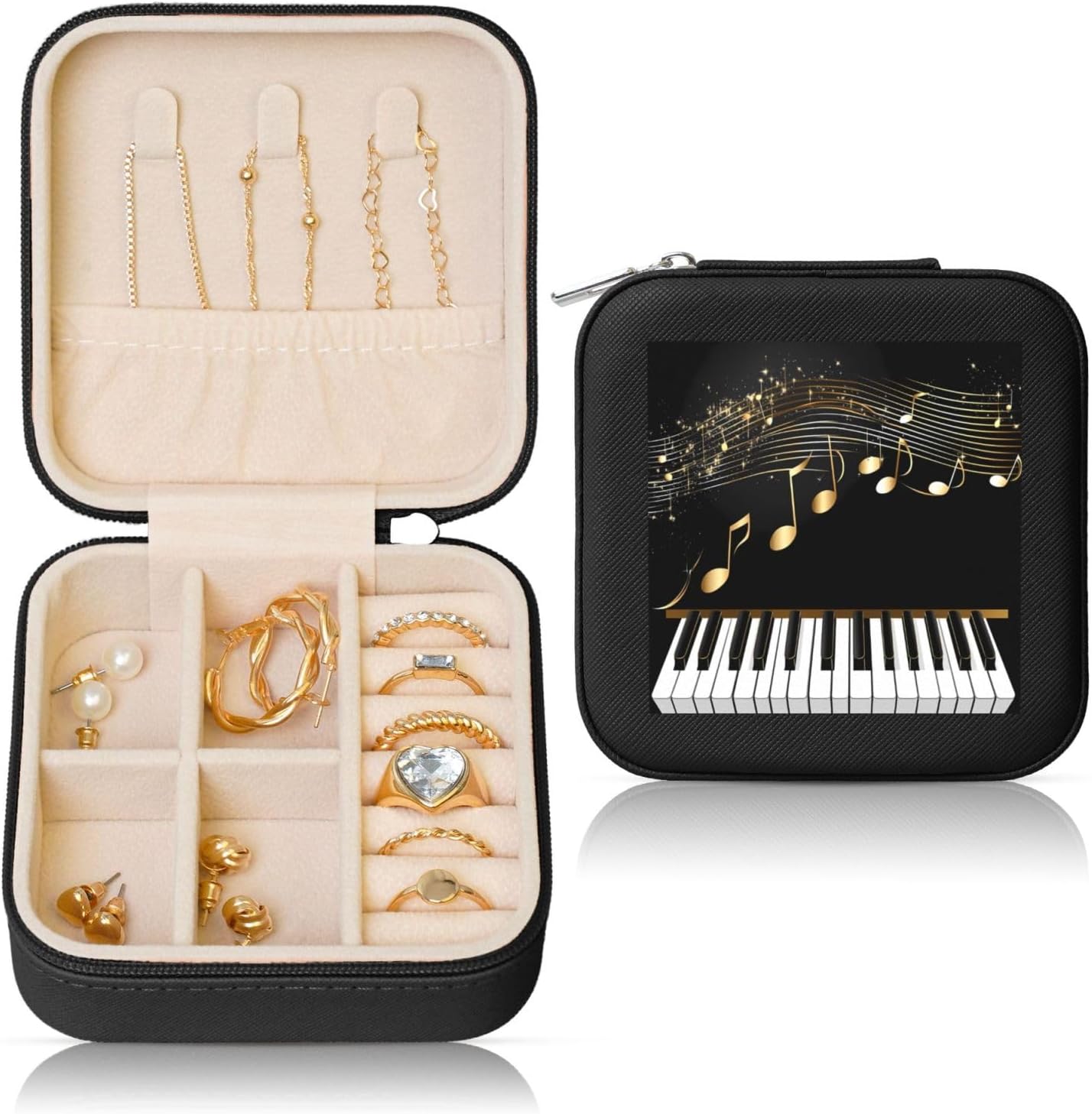 Gold Music Note Jewellery Box Organizer Piano Keyboard Jewelry Travel Case for Girls Womens Earring Necklace Rings Bracelets