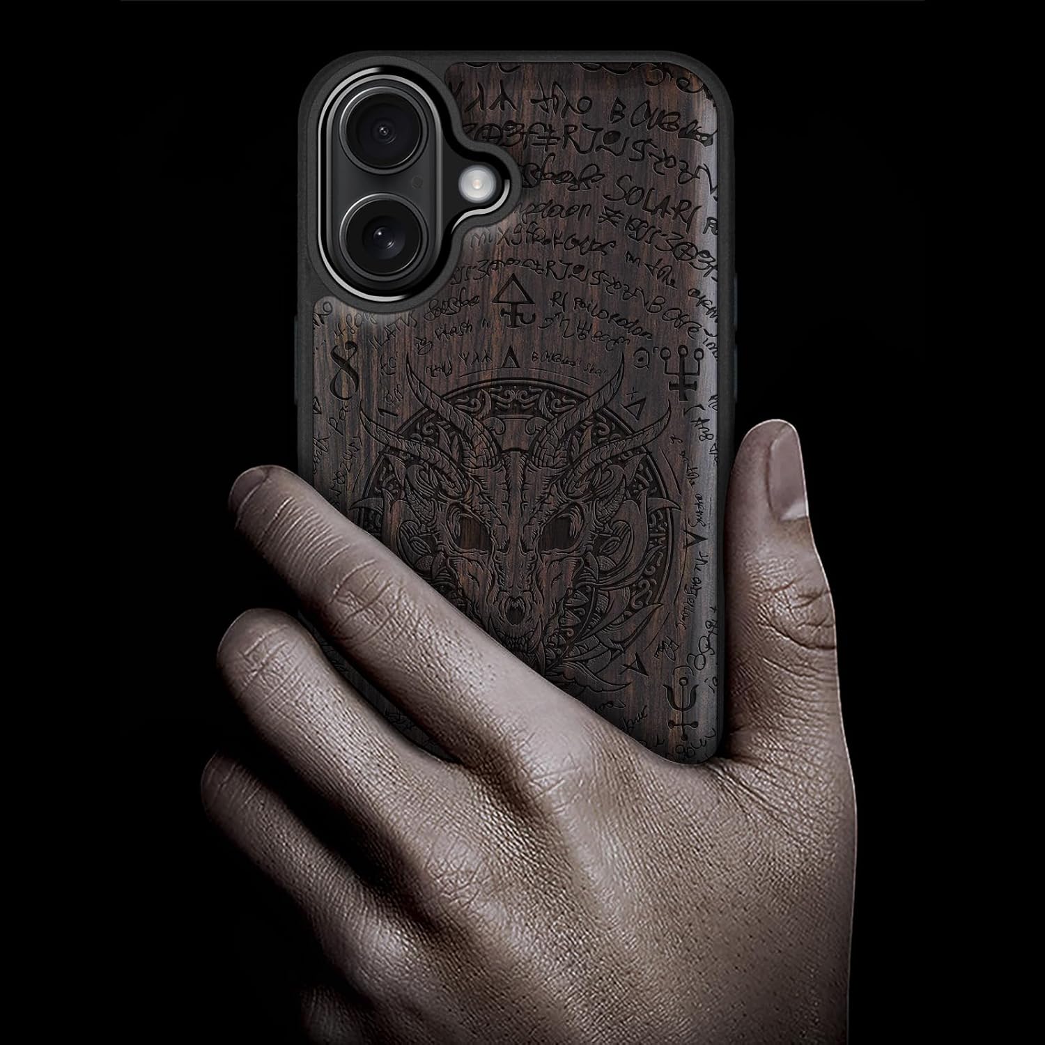 Carveit Magnetic Wooden Case for iPhone 17 Case, Wood Artisan Engraved & Black Soft TPU Shockproof Cover, Compatible with MagSafe Wireless Chargers (Dragon Skull) Blackwood