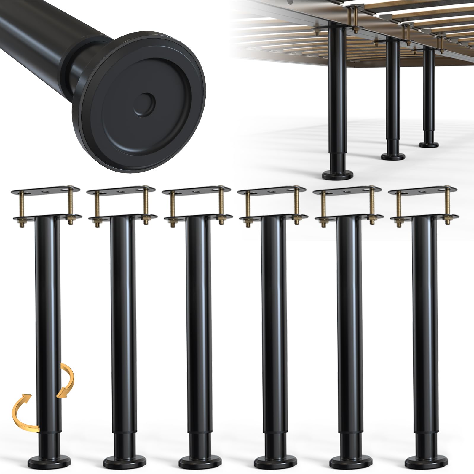 6Pcs Bed Frame Support Leg, Adjustable 14" to 23.6", Increase Under-Bed Storage Space, Extra Sturdy Steel Bed Risers with Wider Rubber Base, More Stable