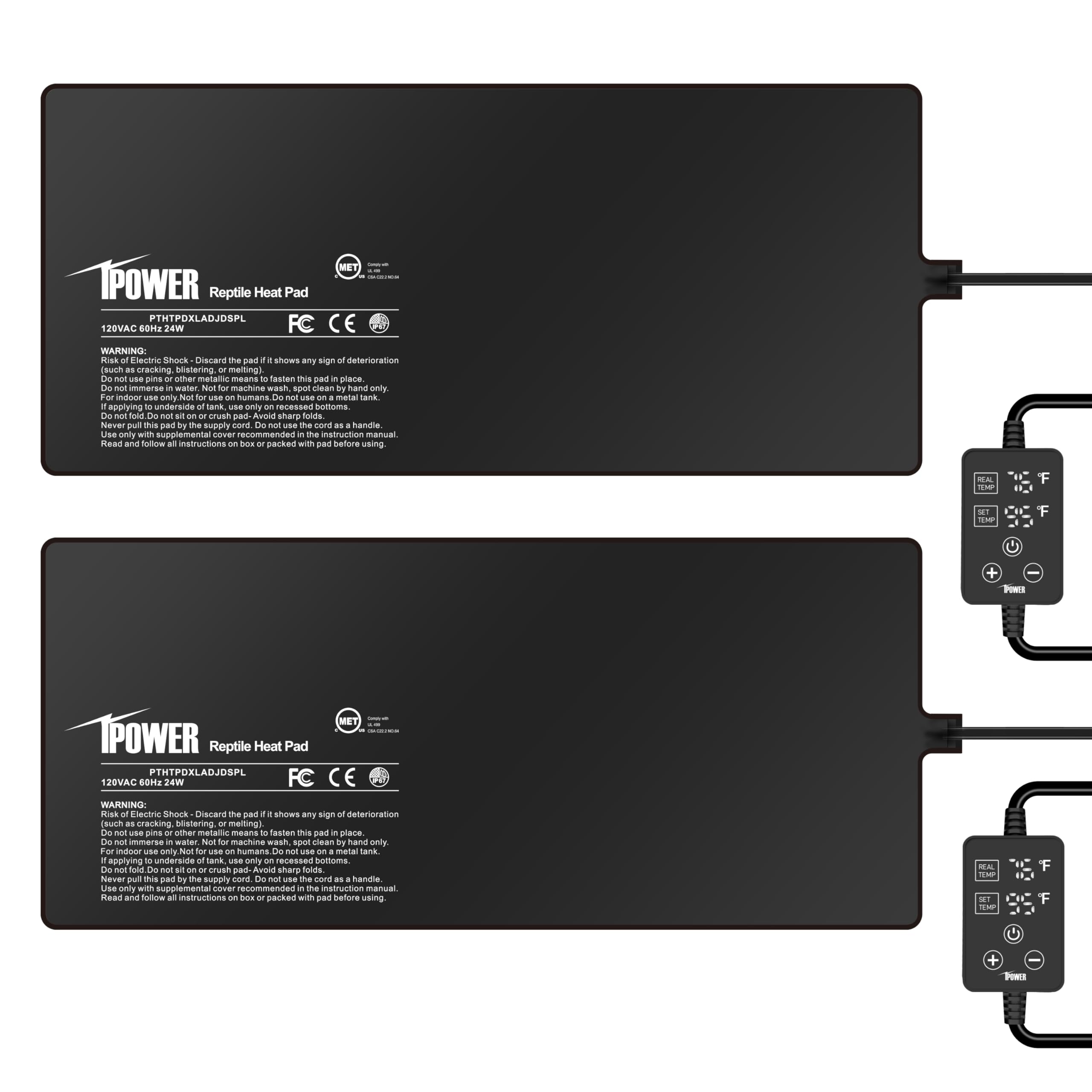 iPower 8 by 18 Inch 24W Reptile Heating Pad with Adjustable Thermostat, Under Tank Warmer Terrarium Heat Mat for Turtles/Snakes/Lizards/Frogs, 2 Pack