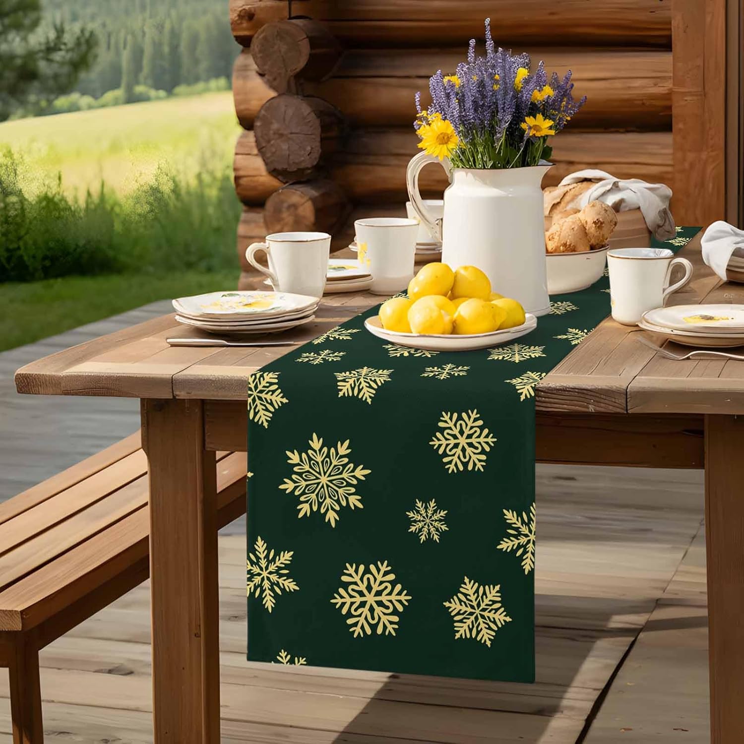 lop Table Runner Christmas Kitchen Table Runners 72 Inches Long Golden Snowflakes on Green Background Length Washable Cotton Linen Dress Scarf for Dining Room Wedding