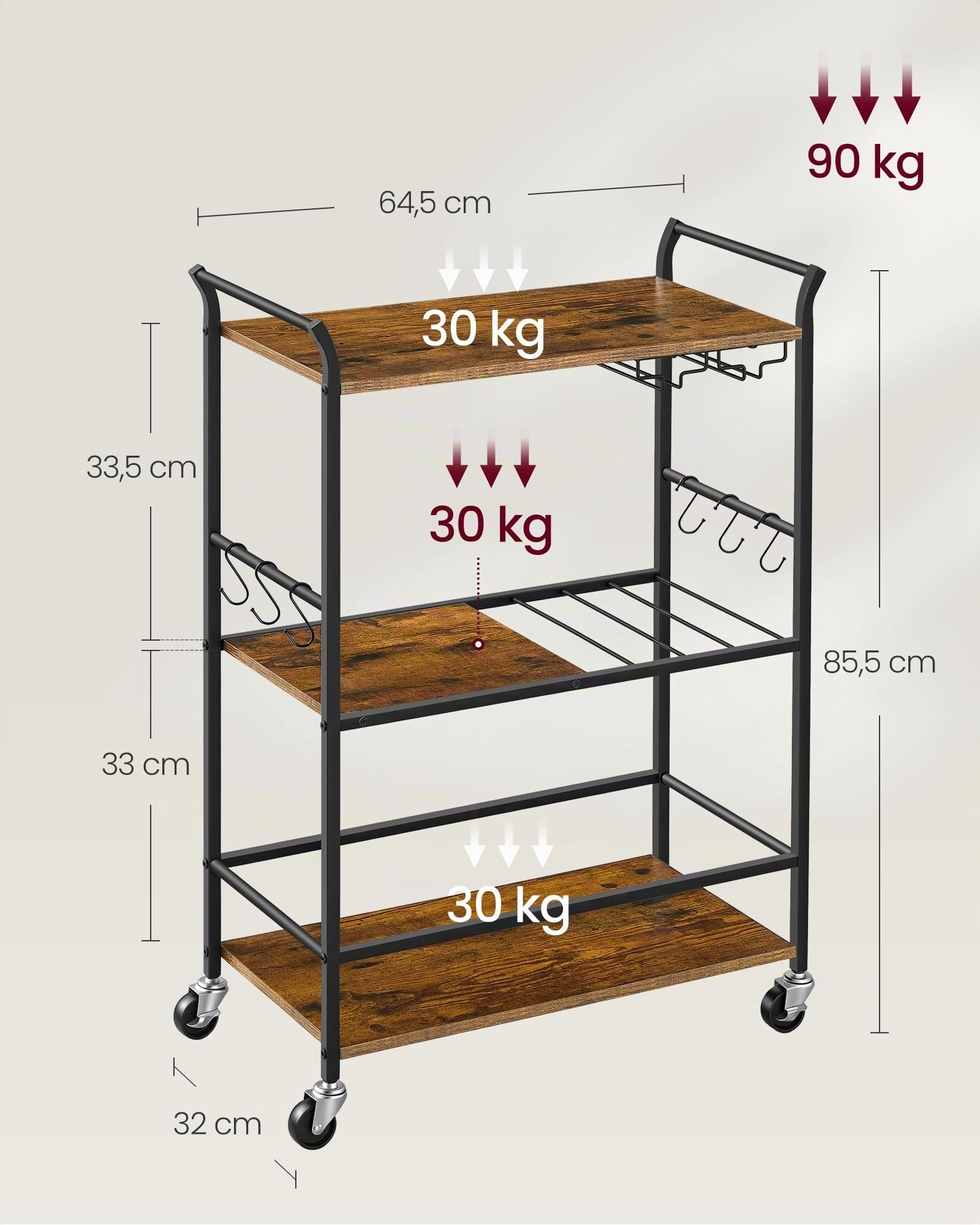 VASAGLE Carrello da Cucina a 3 Ripiani con Ruote, 64,5 x 32 x 85,5 cm | Carrello Bar in Acciaio e Truciolato, Portabottiglie e Porta Calici, Vintage e Nero Opaco, Collezione BARNET LRC200K101