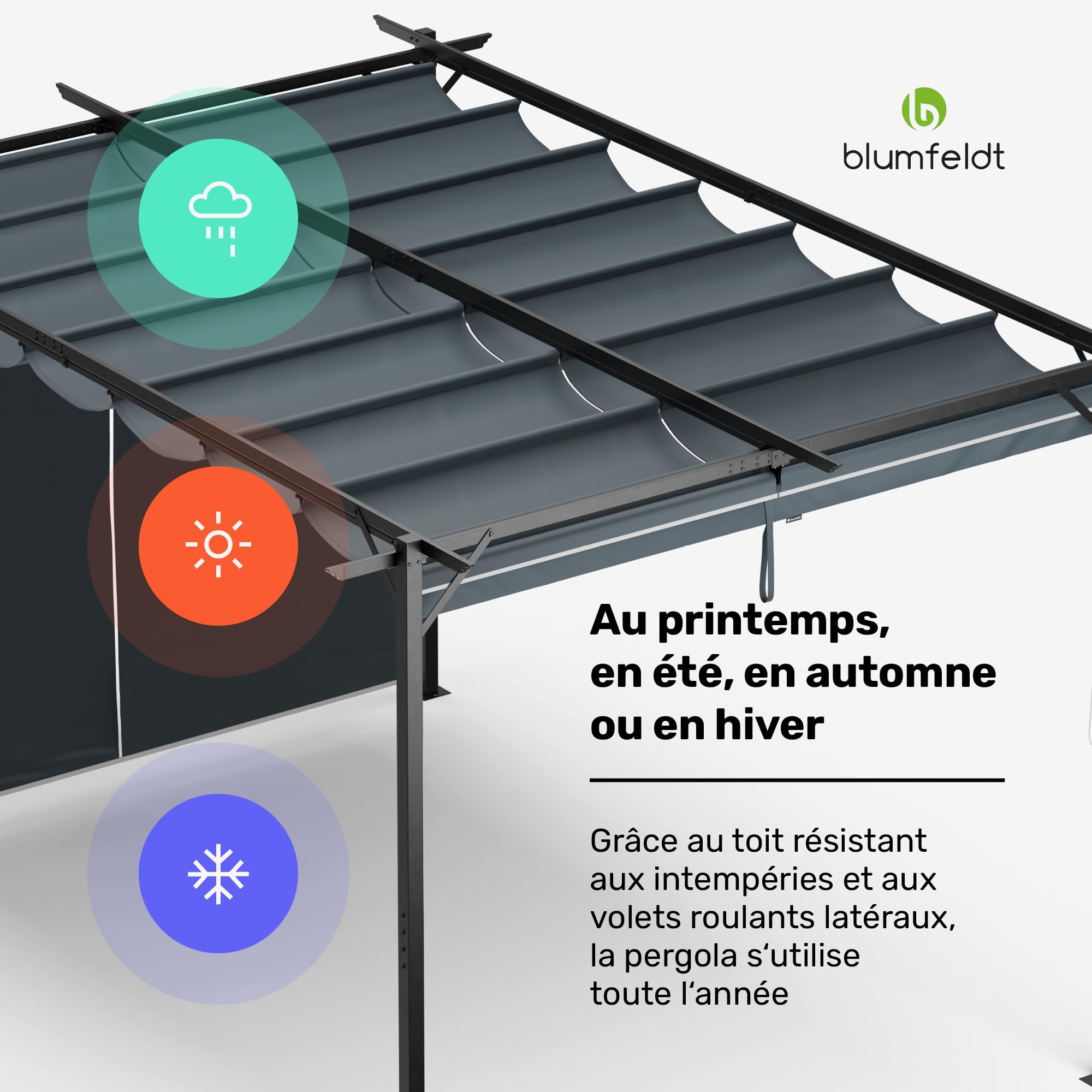 blumfeldt Pergola 3x4 m, Pergola 4x3 avec Toit en Polyester Résistant & Stores Latéraux, Armature en Acier Thermolaqué, Montage Facile, Utilisable Toute l'Année