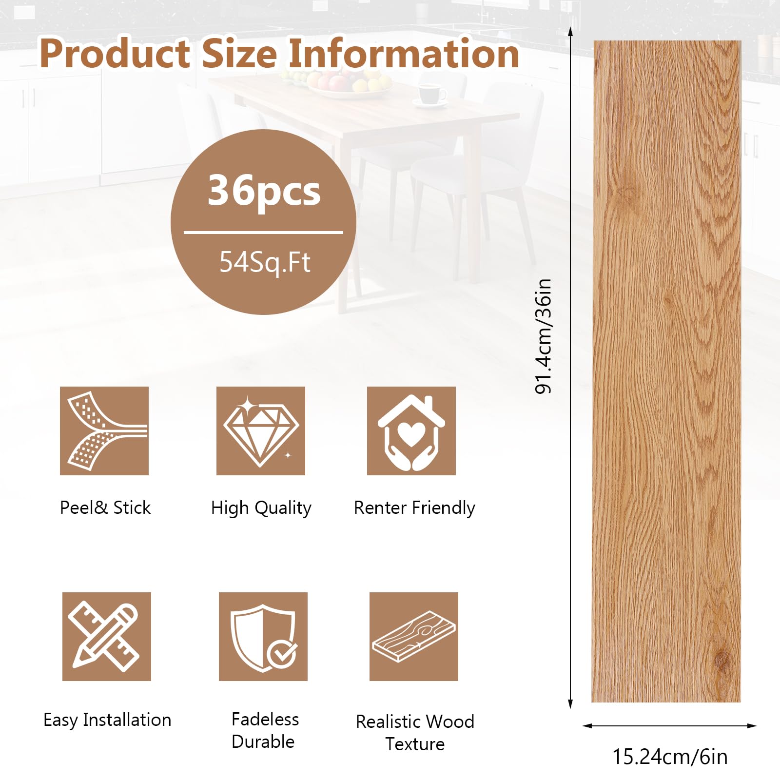 36 Stück PVC Bodenbelag Selbstklebend, 5.02㎡ Vinylboden Selbstklebend mit Holzoptik, Wasserfest Bodenfliesen Selbstklebends für Bodenbelag Wohnzimmer Küche, 2 mm,15,24 cm x 91,44 cm (Gelbe Eiche)