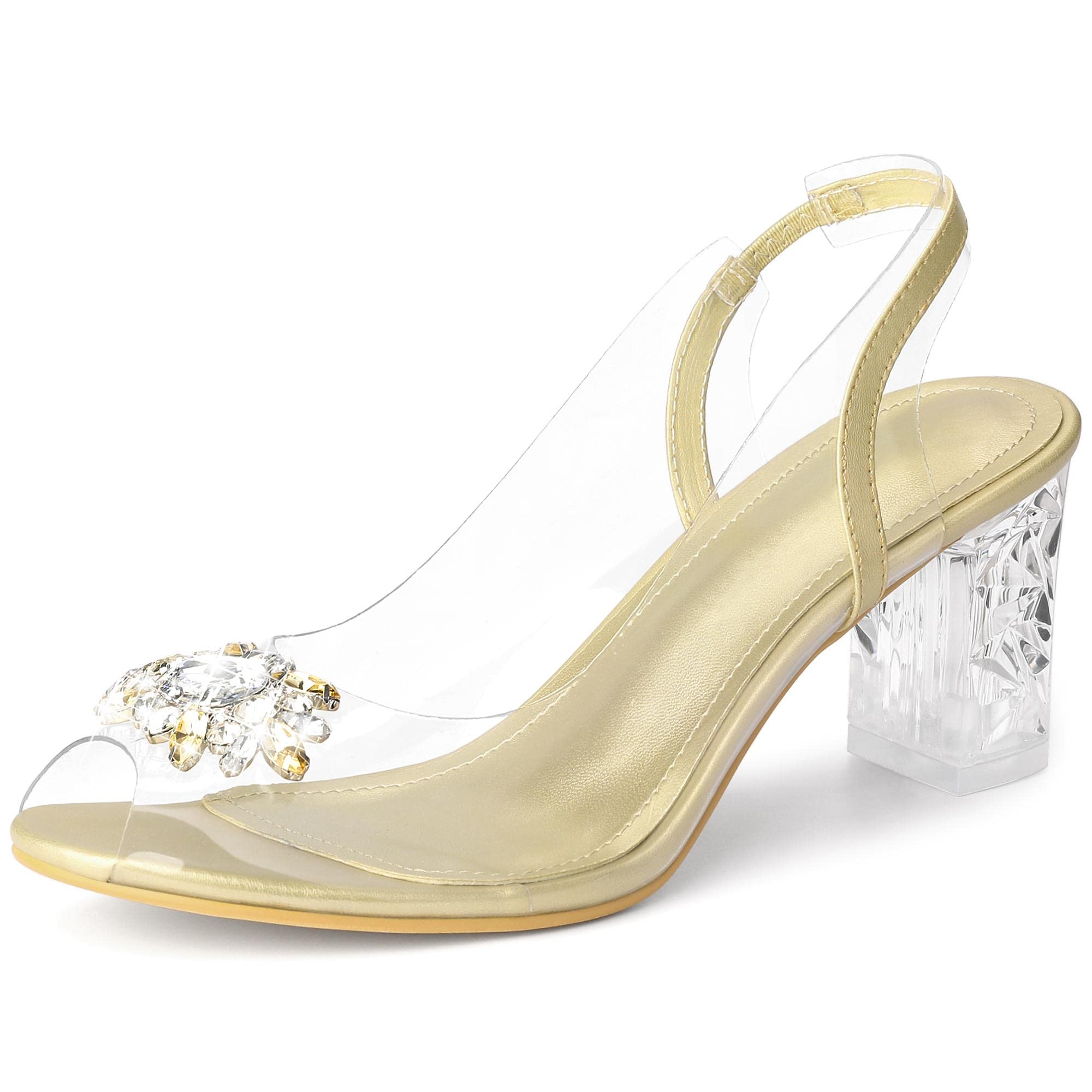Perphy Clear Slingback Rhinestone Peep Toe Block Heels Sandals for Women