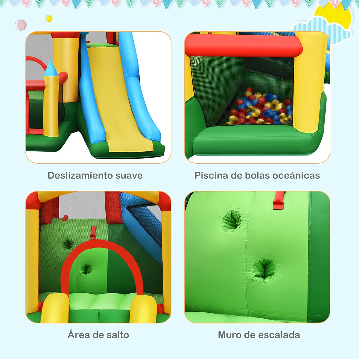 COSTWAY Castillo Hinchable, Castillo Inflable para Niños con 2 Toboganes, Área para Saltar, Canasta de Baloncesto, Bolsa de Transporte, Palitos, Kit de Reparación, 60 Pelotas (con Compresor 780 W)